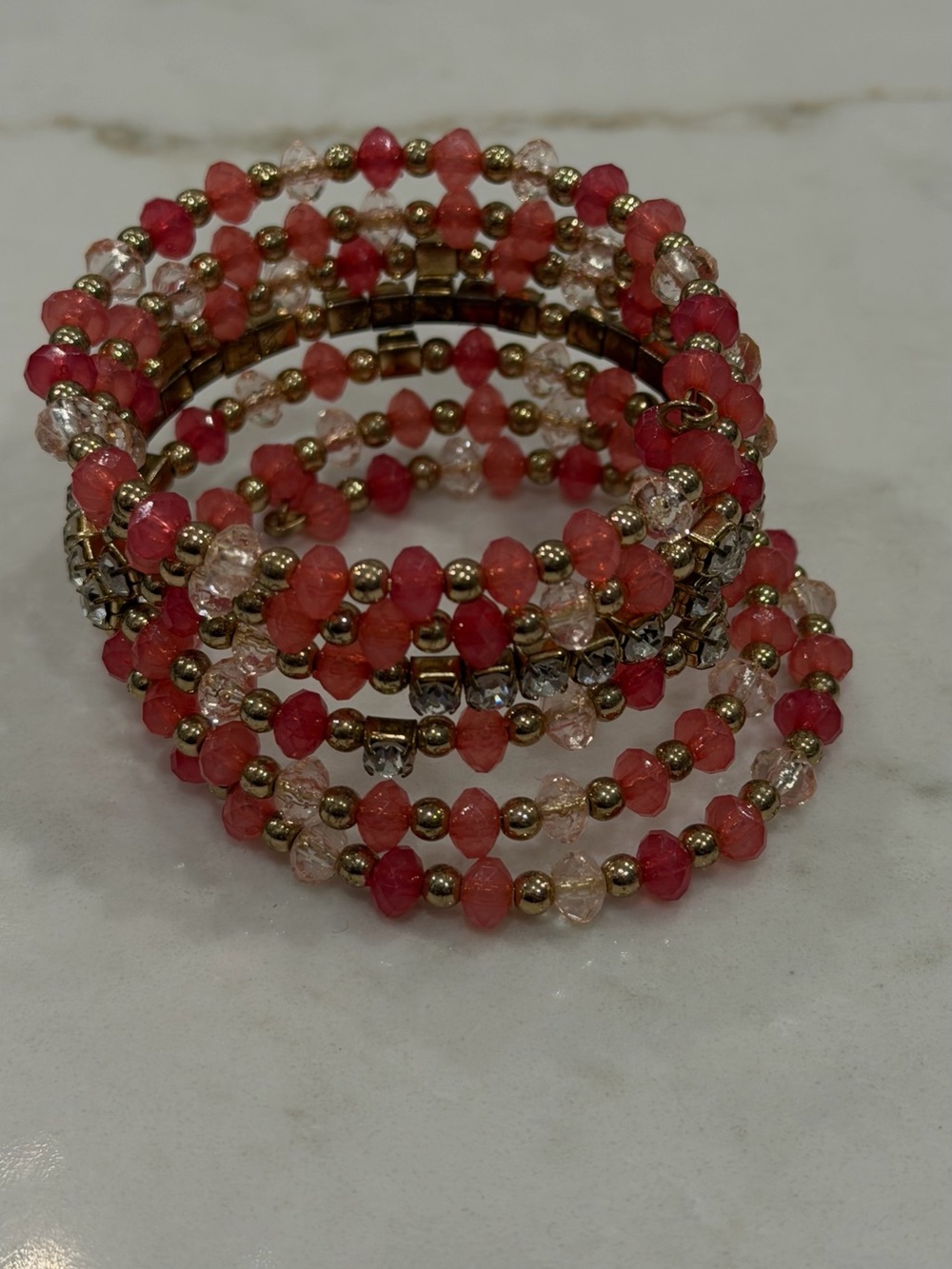 Y2K Pink Beaded Coil Wrap Bracelet | Early 2000s Rhinestone Statement Bracelet